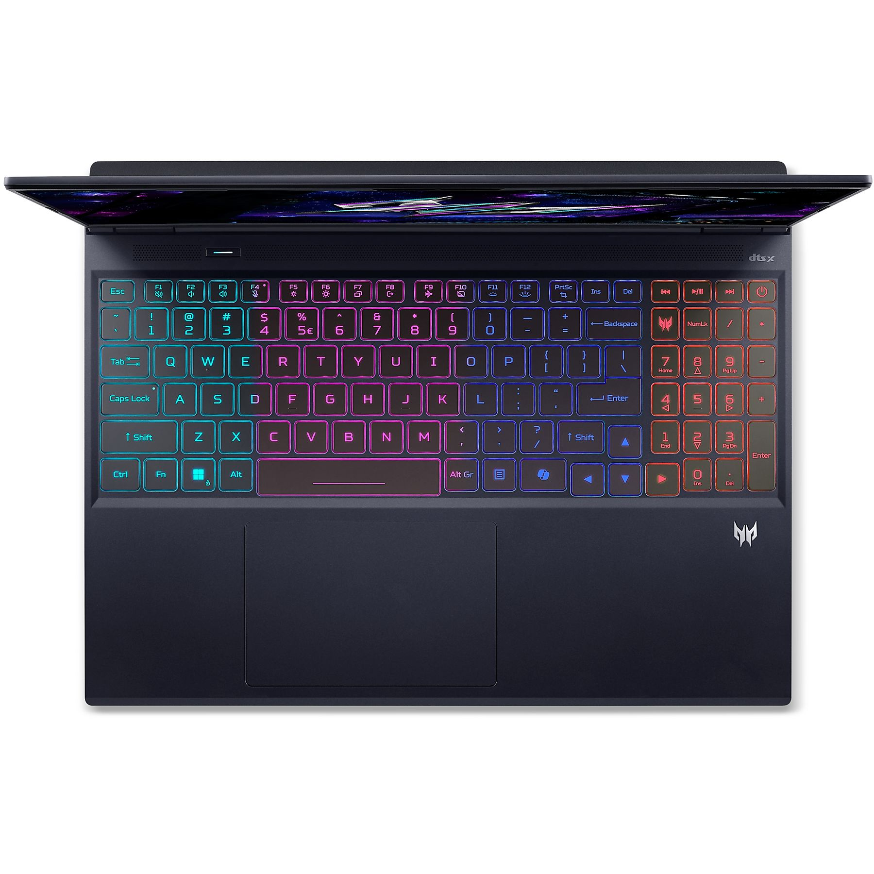 Tastiera del laptop con illuminazione colorata, vista dall'alto, su sfondo nero.