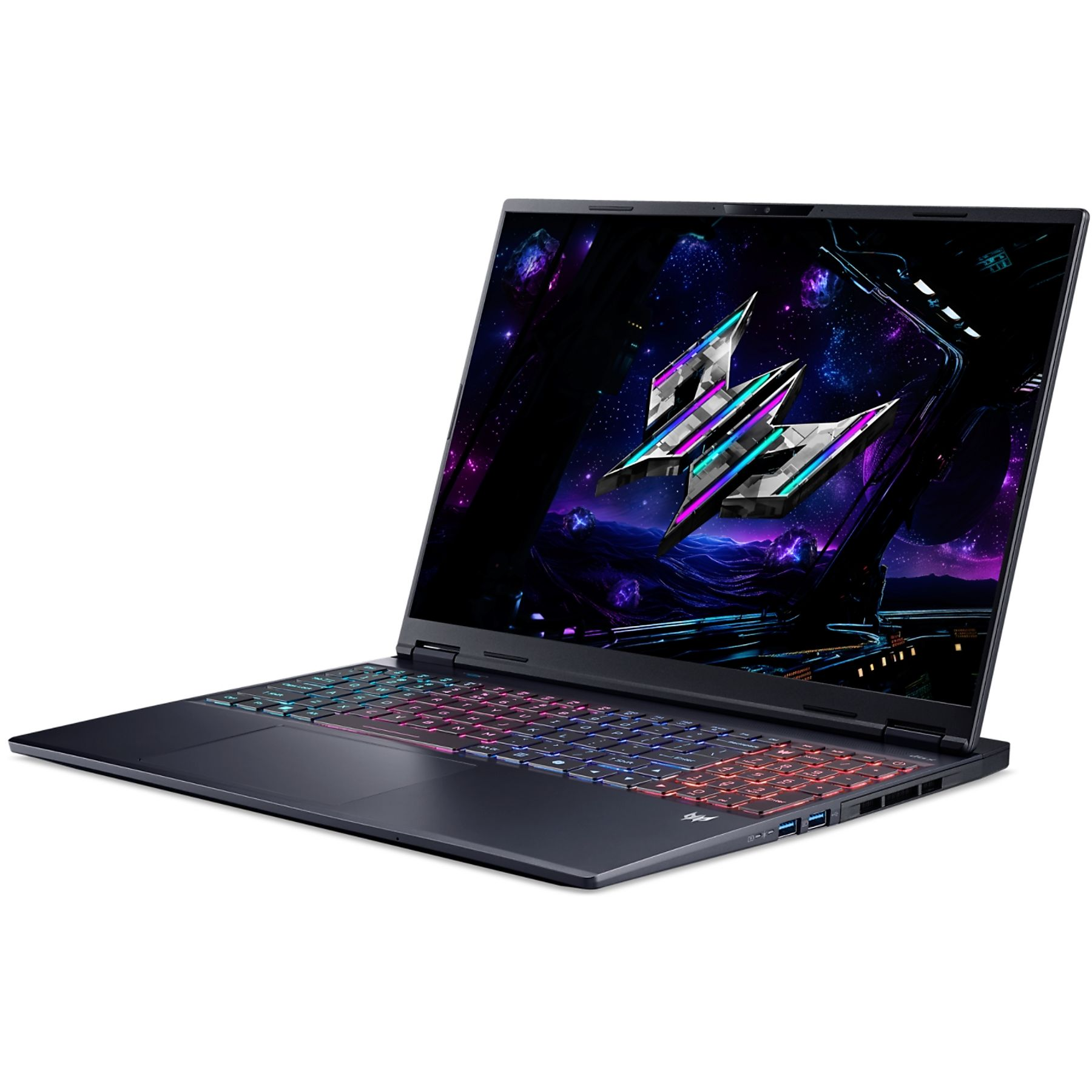 Laptop con tastiera colorata e schermo con logo, su sfondo bianco.