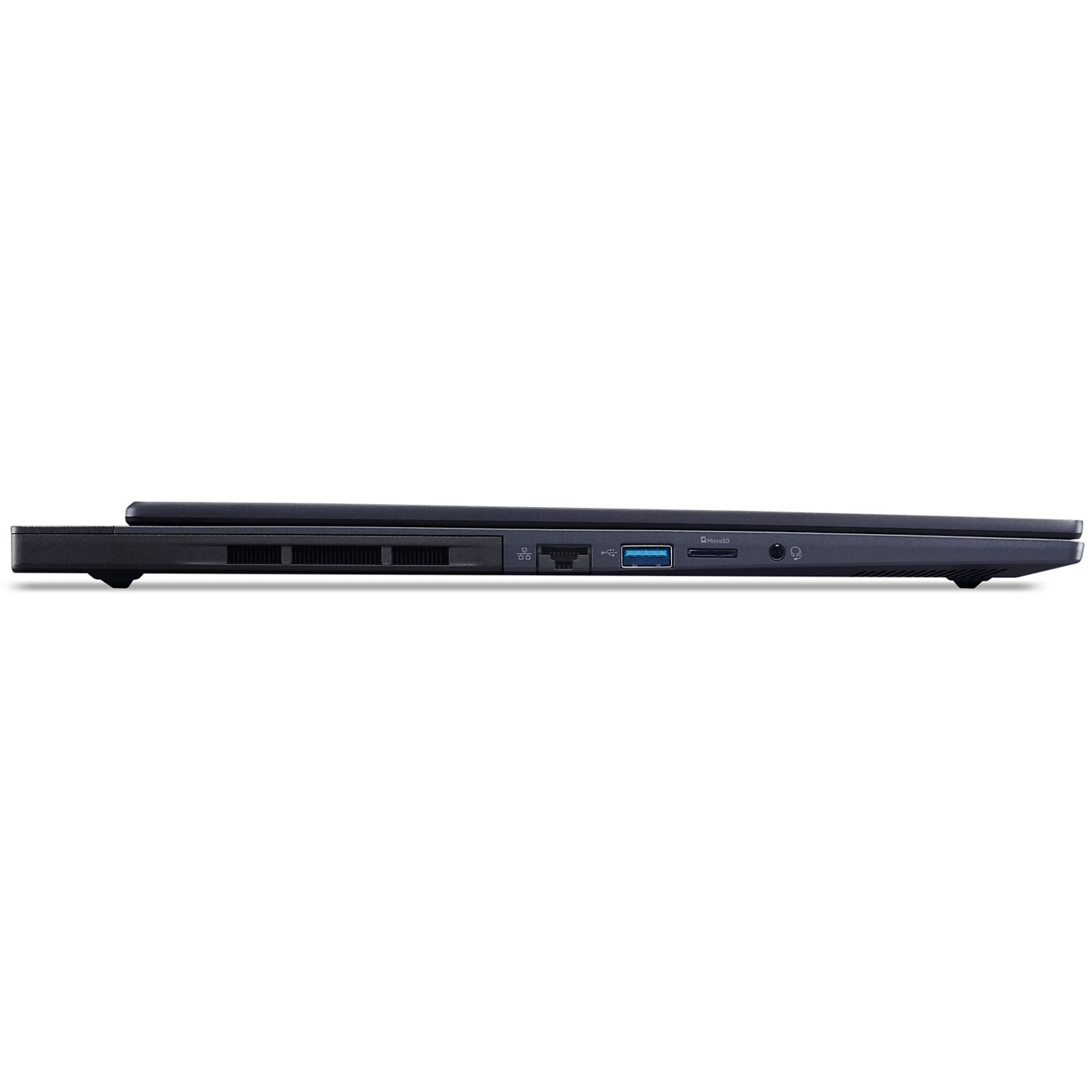 Vista laterale di un laptop che mostra porte e uno slot su sfondo bianco.