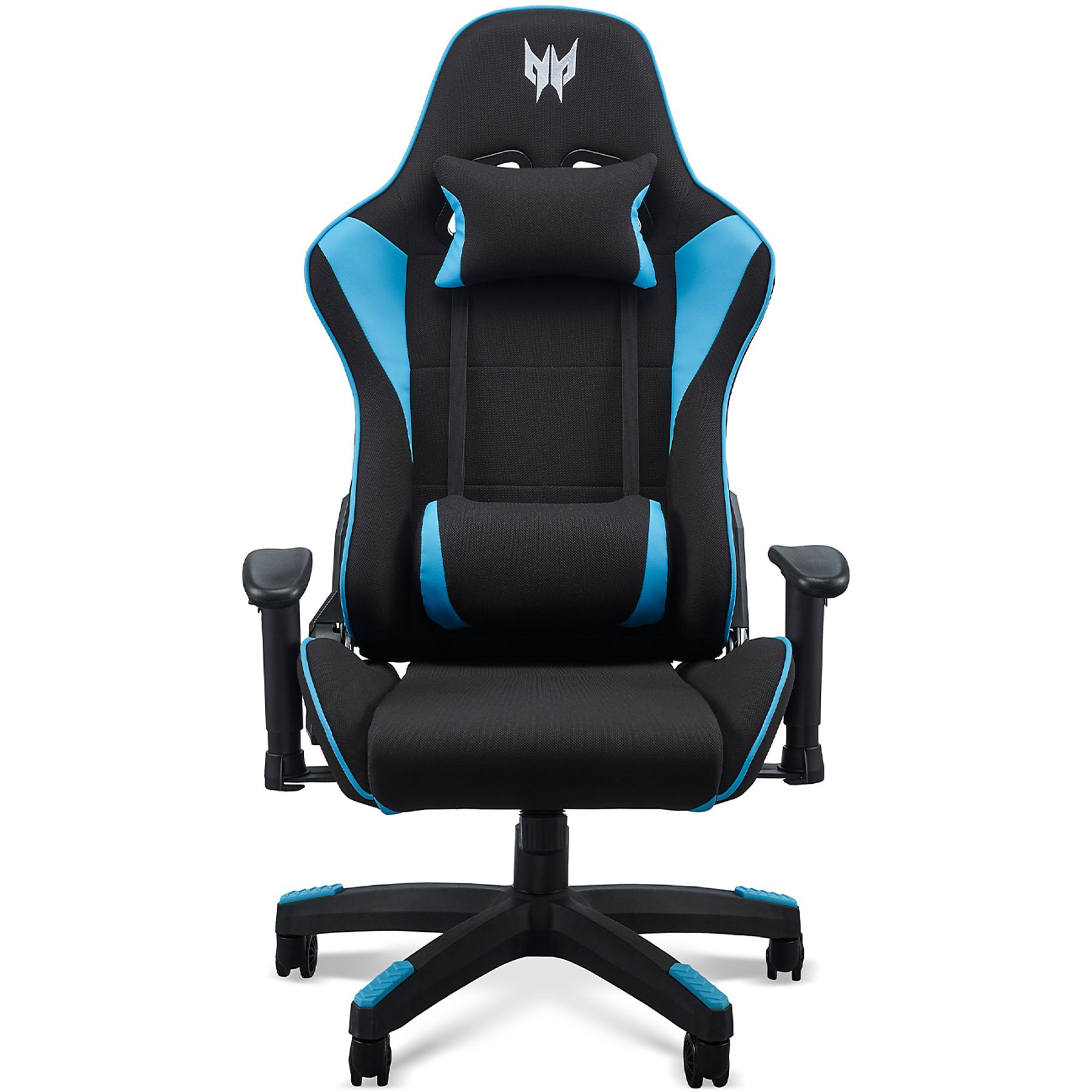 Schwarzer und blauer Gaming-Stuhl, Frontansicht, auf weißem Hintergrund. Predator-Logo.