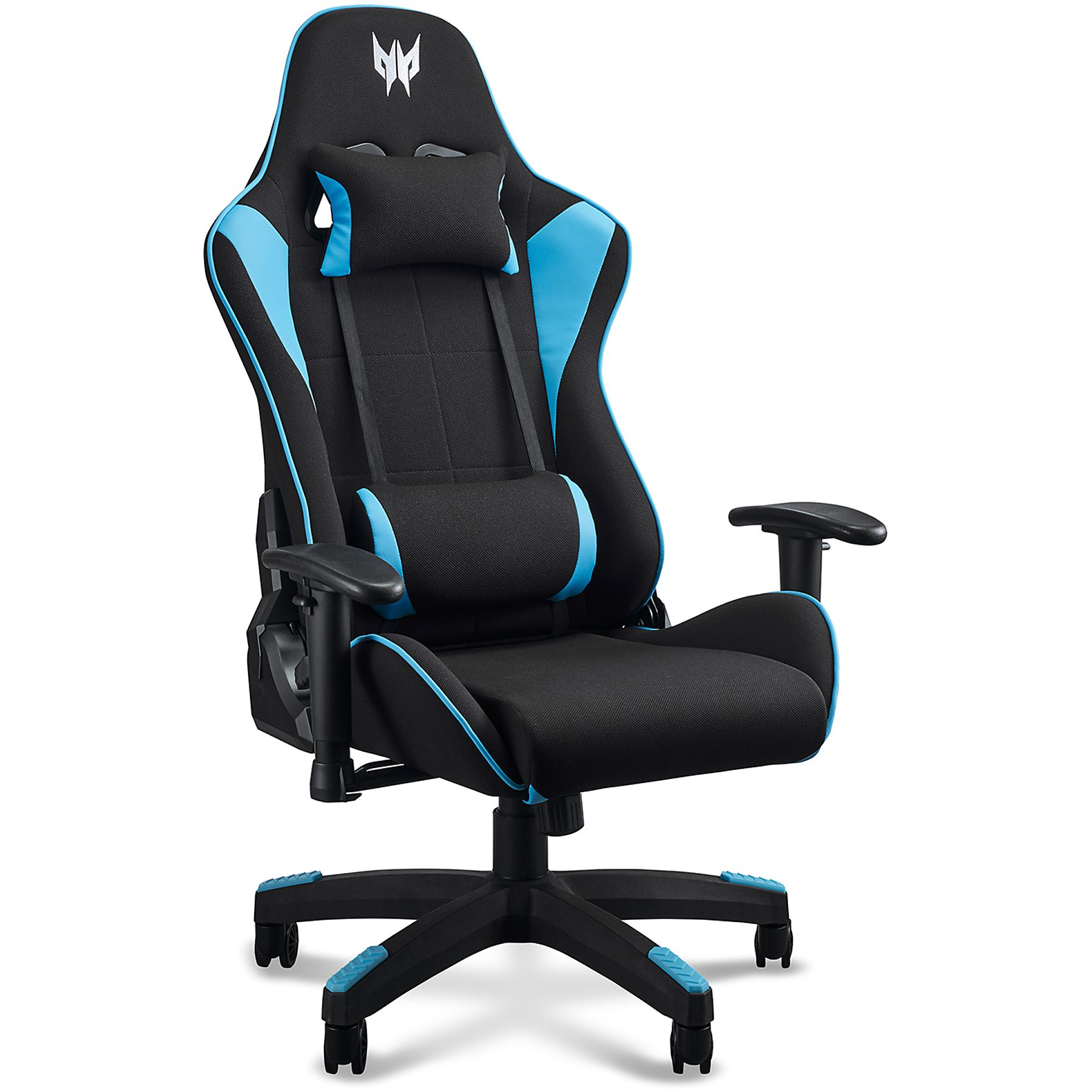 Gaming-Stuhl, schwarz mit blauen Akzenten. Hoher Rücken mit Kopfstütze.