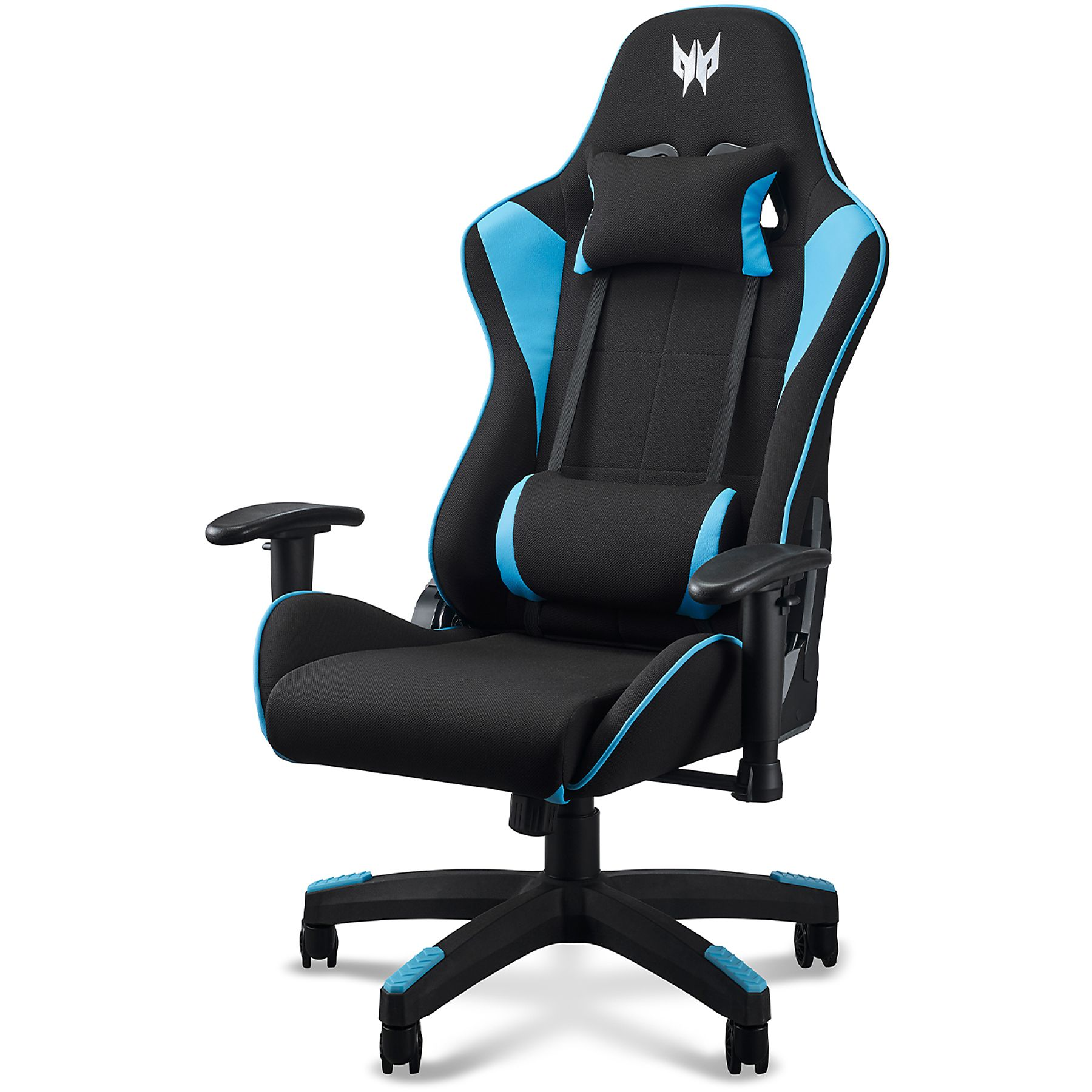 Schwarzer und blauer Gaming-Stuhl, auf weißem Hintergrund. Frontansicht, verstellbare Kopfstütze.