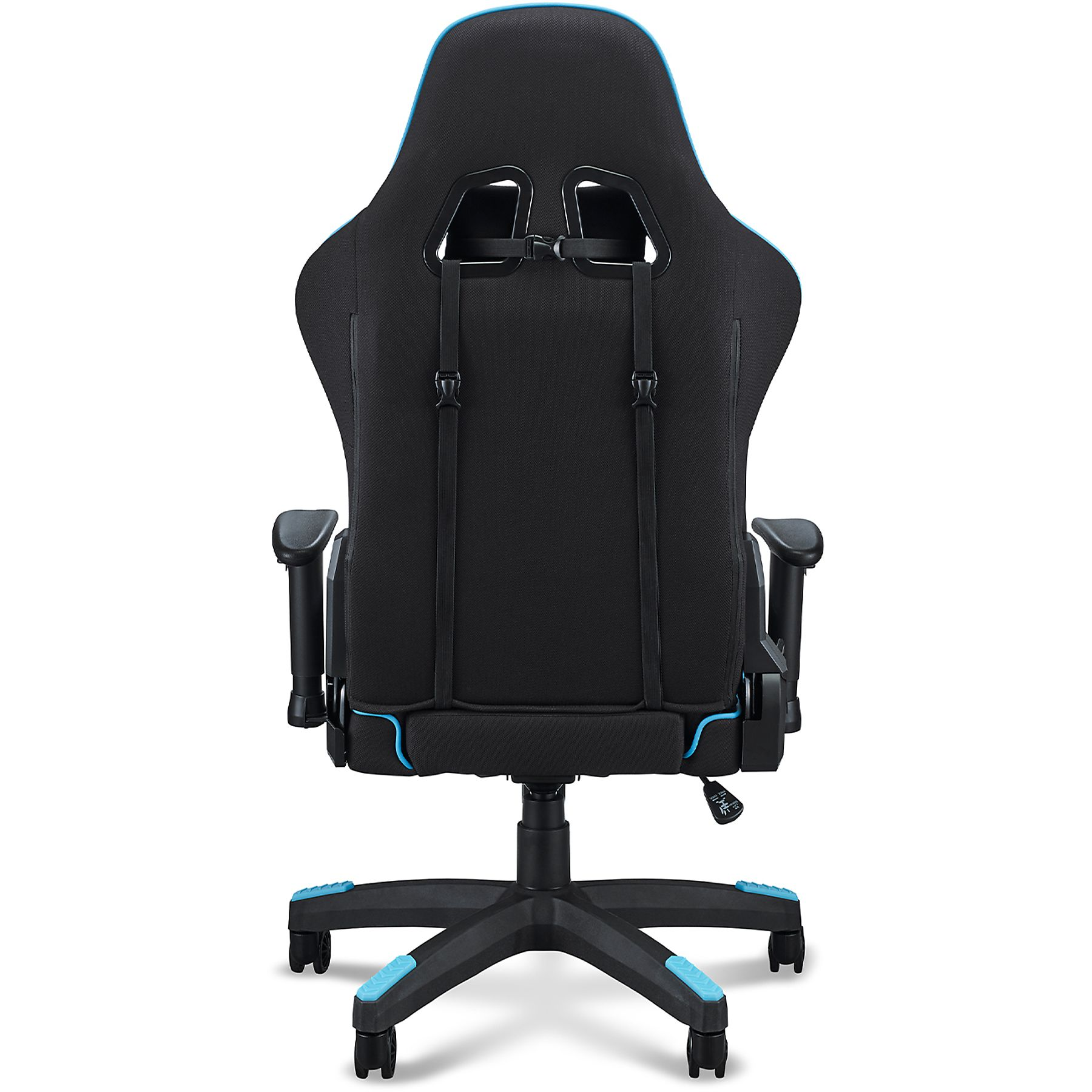 Gaming-Stuhl, Rückansicht, schwarz mit blauen Akzenten. Mit Lordosenstütze und Gurten.
