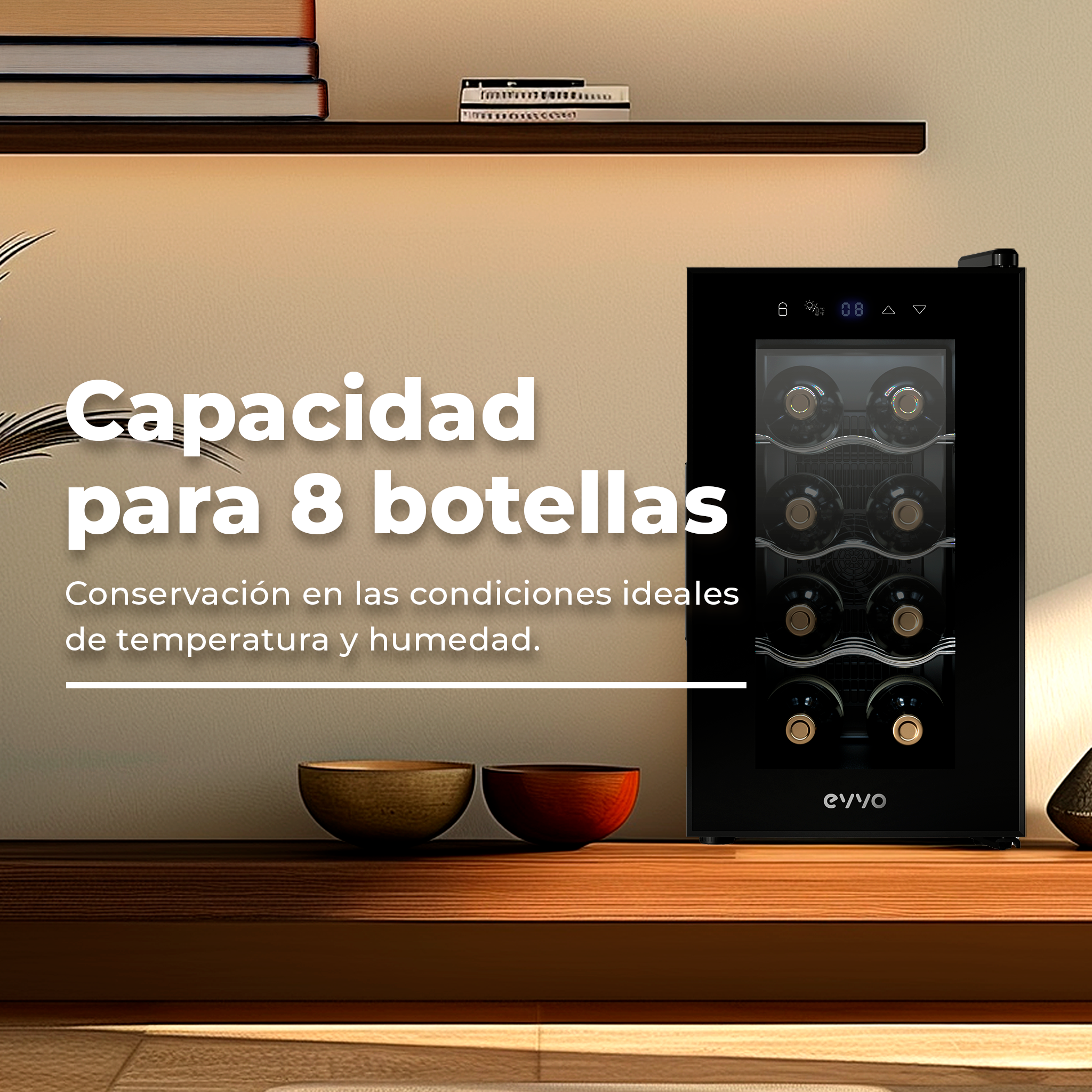 Enfriador de vino negro en un estante. Texto: 'Capacidad para 8 botellas'. Dos cuencos de madera en el estante. Fondo: pared.