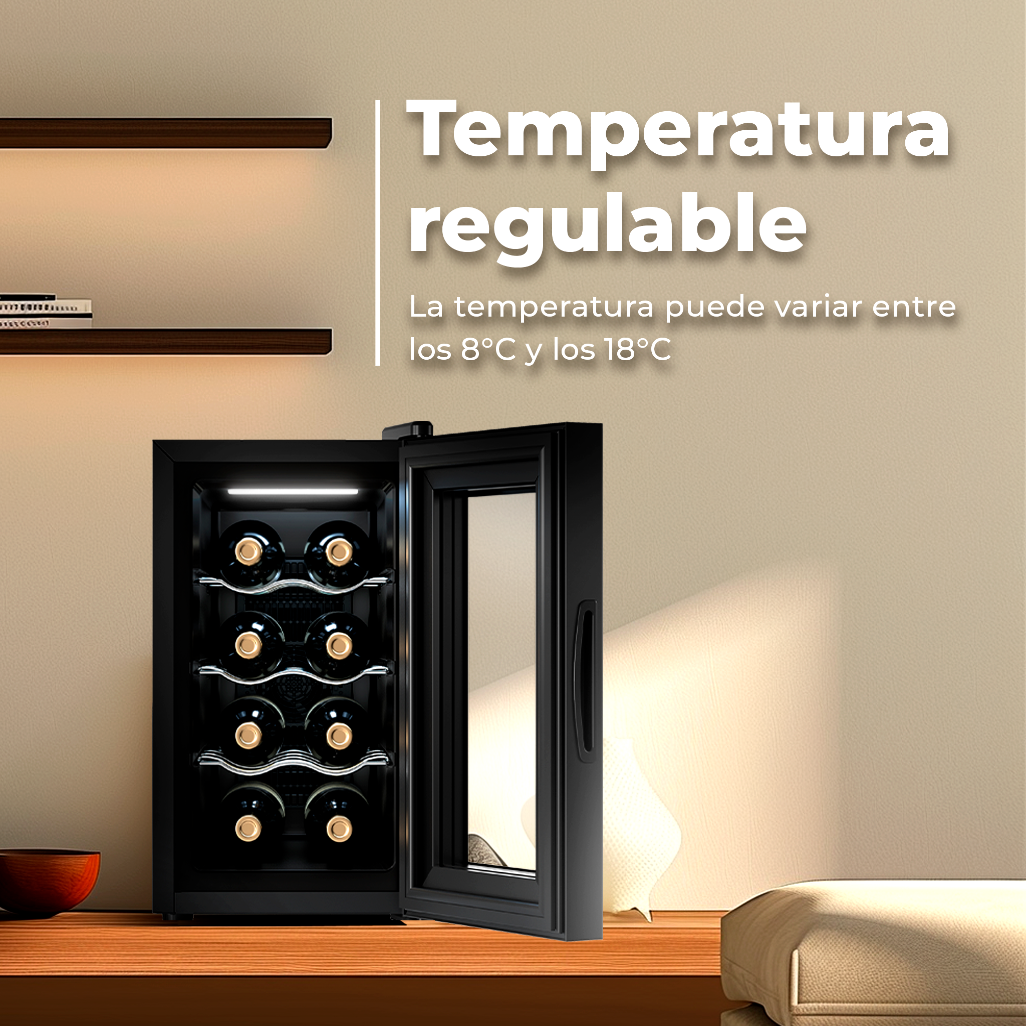 Vinoteca con botellas, puerta abierta. Texto: Temperatura regulable, temperatura ajustable.