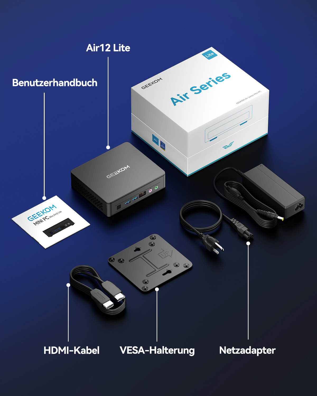 Eine Sammlung von Mini-PC-Artikeln, einschließlich einer Box, Mini-PC, Kabeln und einer Bedienungsanleitung.