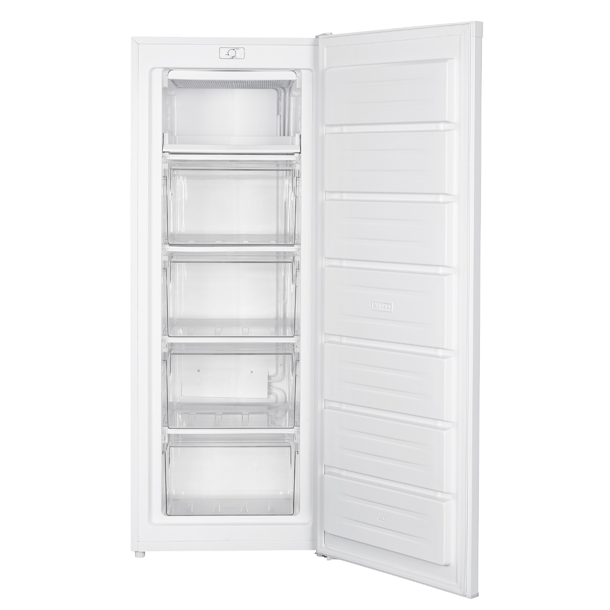 Biała lodówka z otwartymi drzwiami, pokazująca półki i szuflady wewnątrz urządzenia.