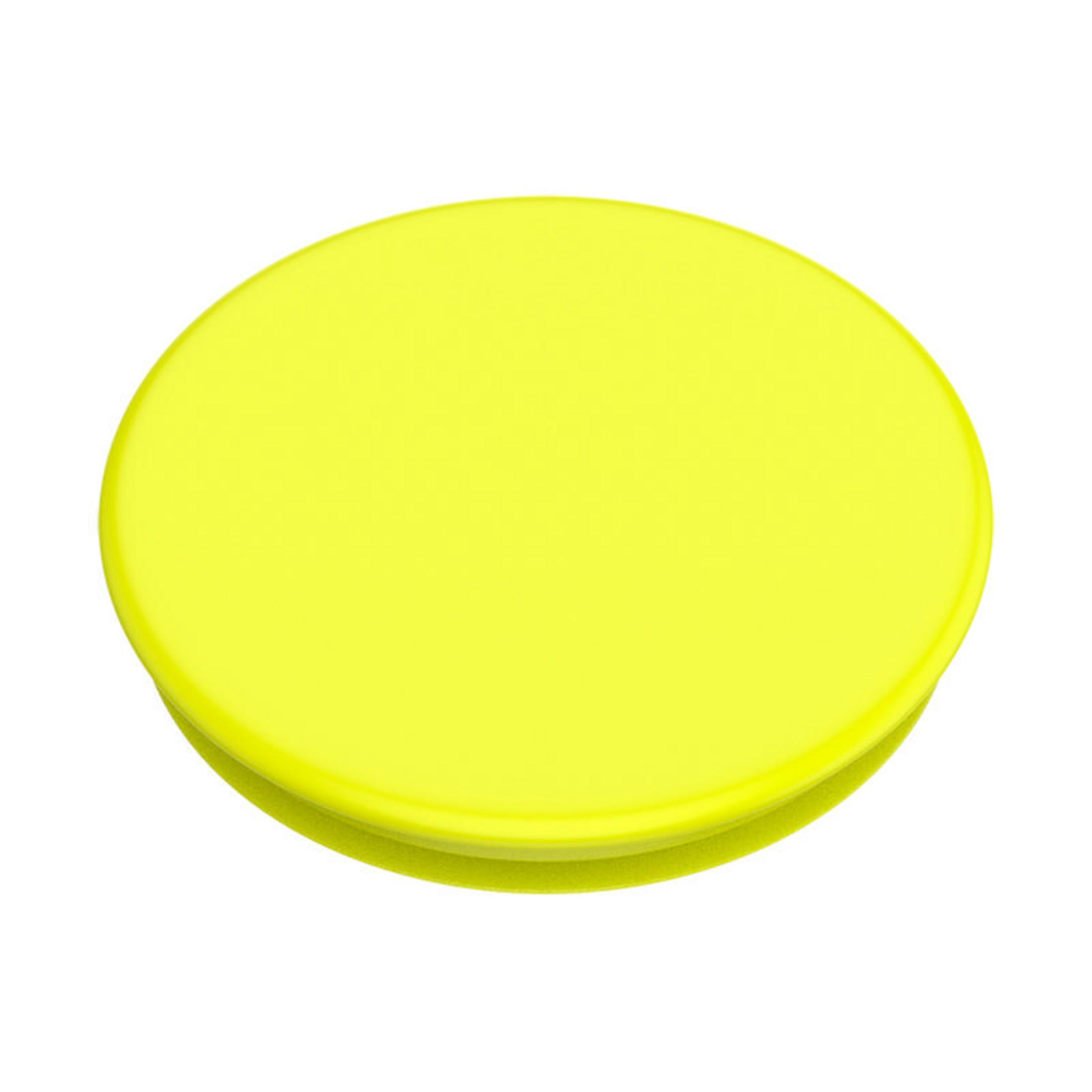 Ein leuchtend gelber PopSocket, kreisförmige Basis, zylindrischer Hals und runder Deckel. Weißer Hintergrund.