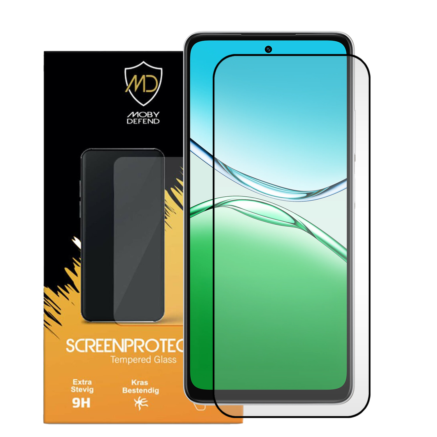 Smartphone screenprotector set met een telefoonafbeelding en gehard glas.