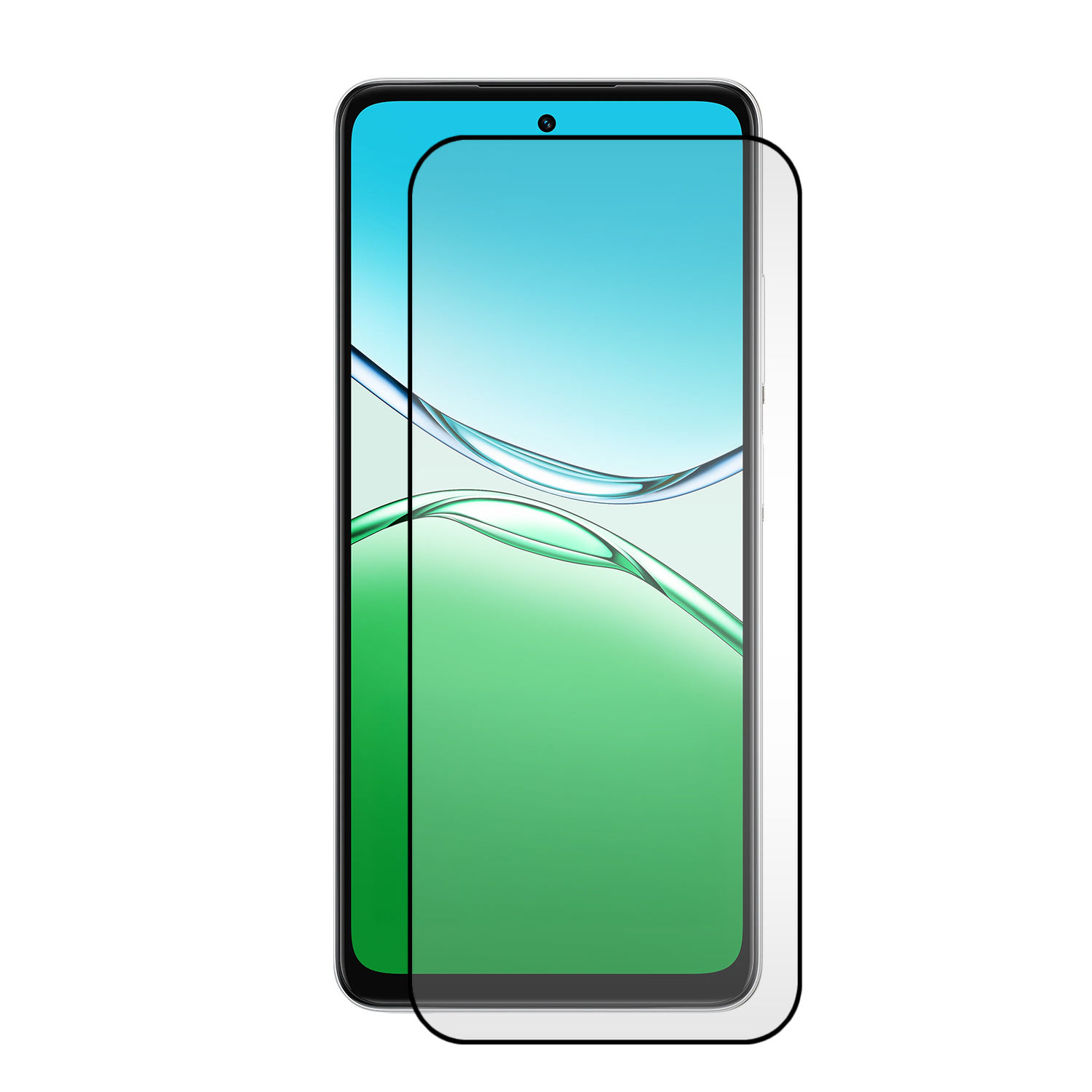 Smartphone met screenprotector aangebracht. Het scherm toont een blauw-groene gradiënt. Zwarte frame, witte achtergrond.