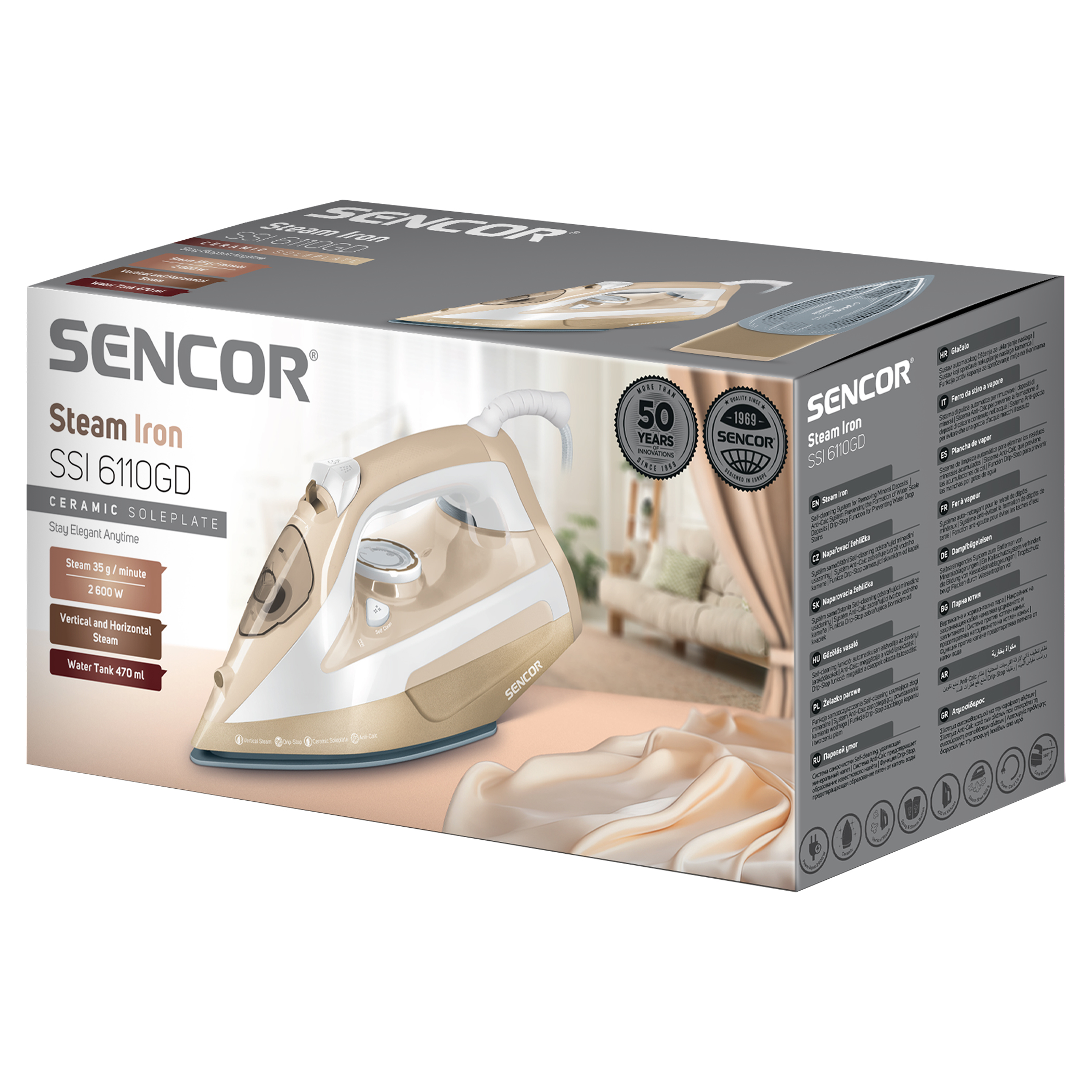 Un ferro da stiro a vapore Sencor SSI 6110GD con piastra in ceramica è mostrato nella sua confezione, evidenziandone design e caratteristiche.