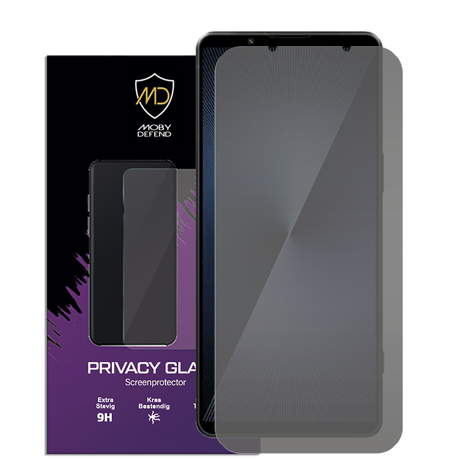 Un téléphone avec un protecteur d'écran de confidentialité appliqué. La boîte avec le protecteur est à gauche.