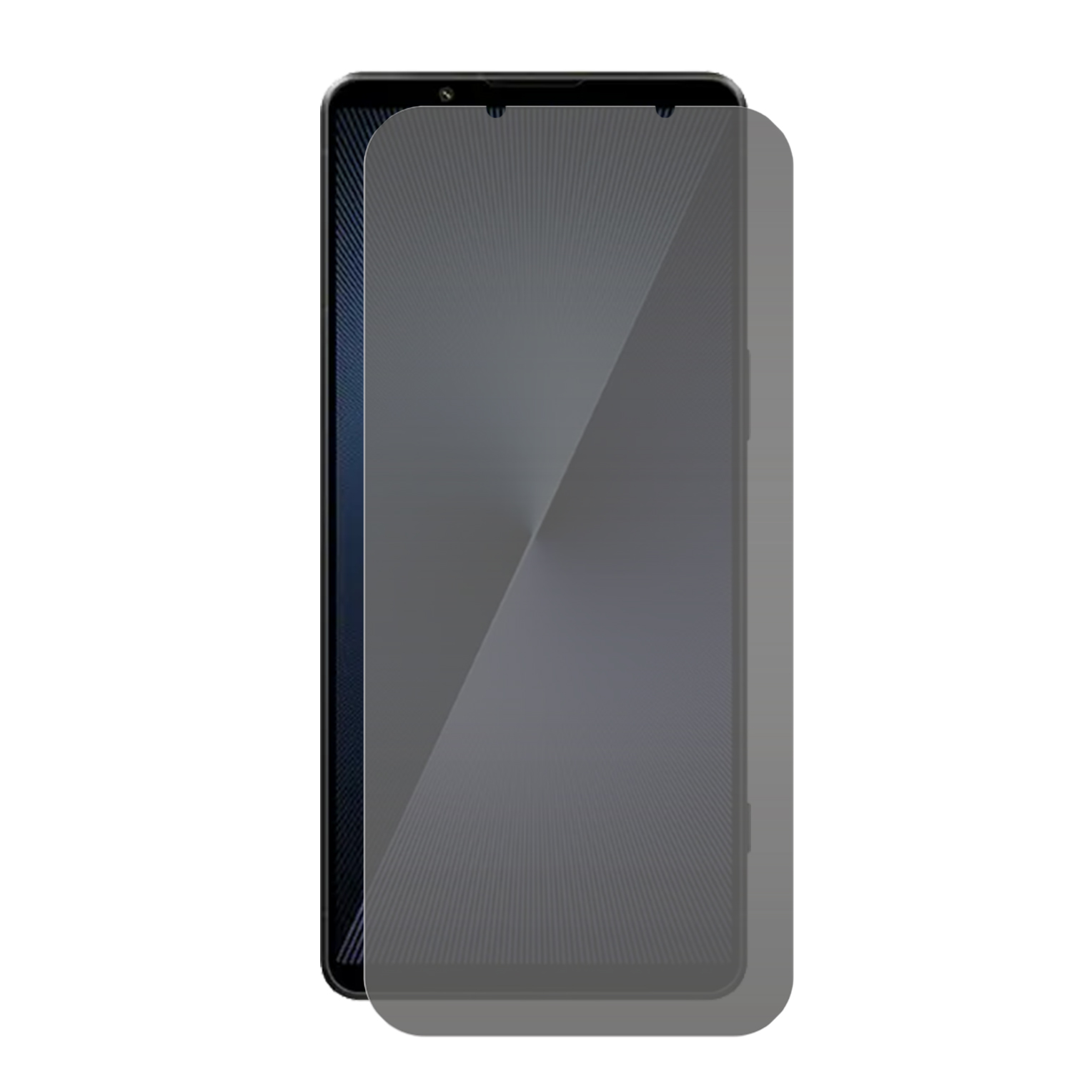Un téléphone avec un protecteur d'écran appliqué. Le protecteur est sombre et semi-transparent.