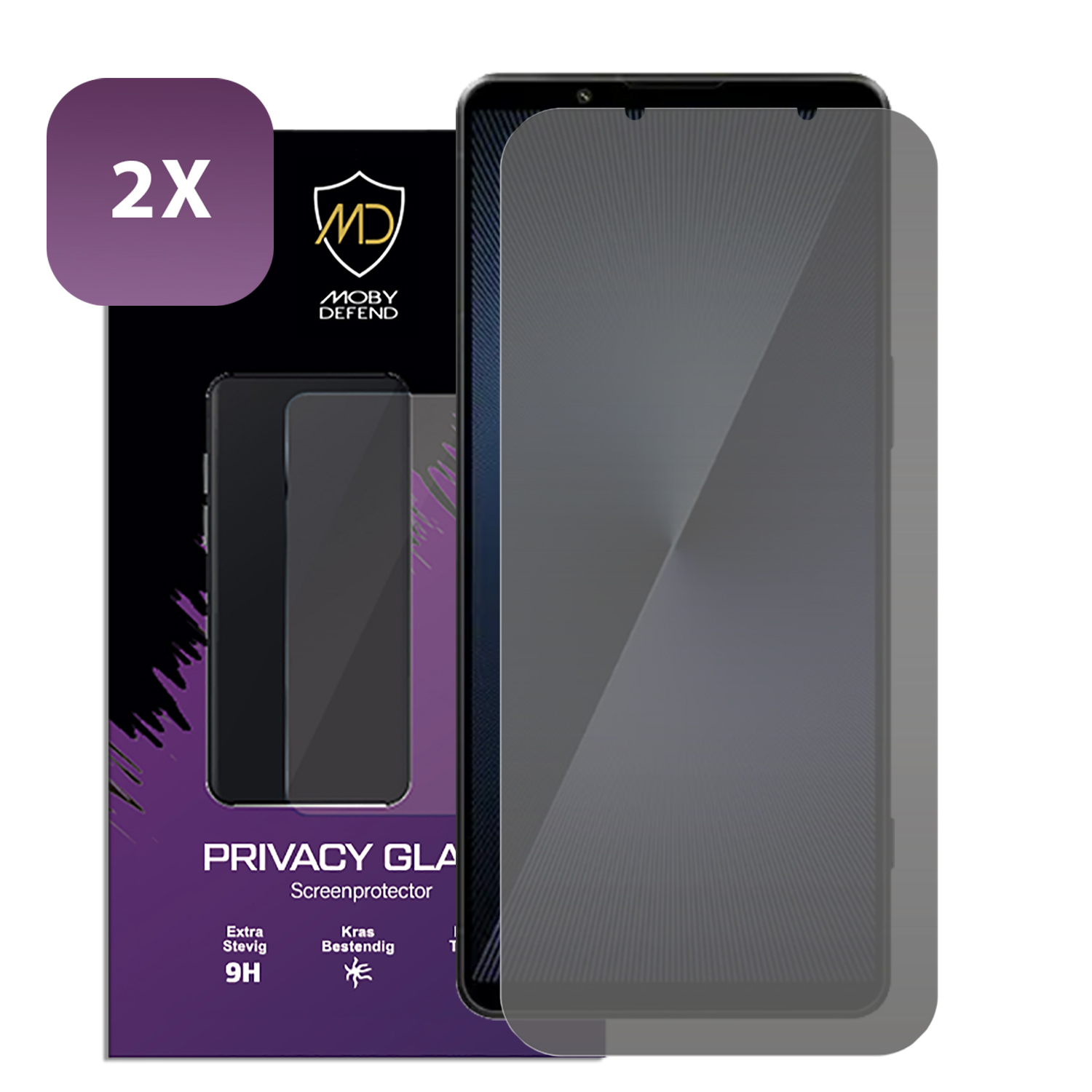 Emballage de protecteur d'écran avec téléphone et texte Privacy Glass.