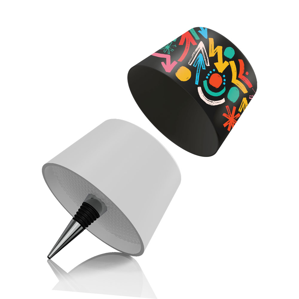 Lampada bianca con paralume bianco con frecce colorate e stelo nero a punta. Sfondo bianco.