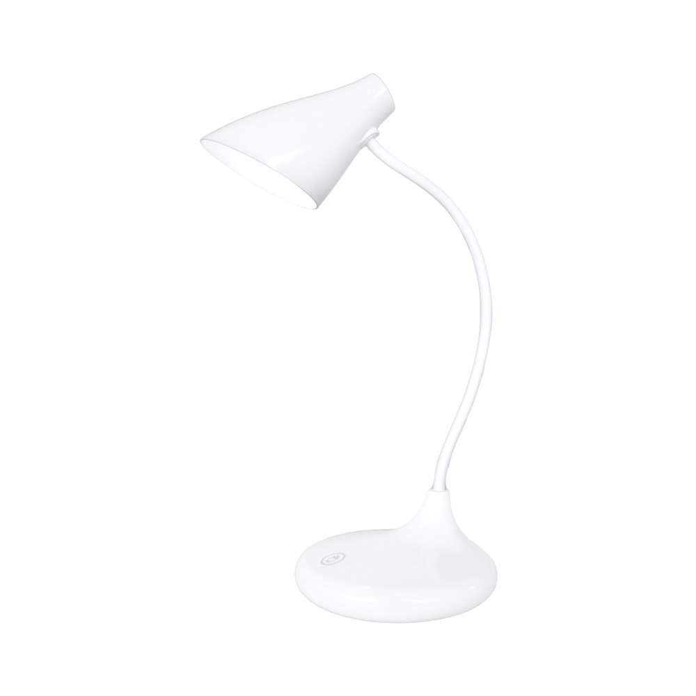 Lampada da scrivania bianca con braccio curvo e paralume conico. Sfondo bianco.