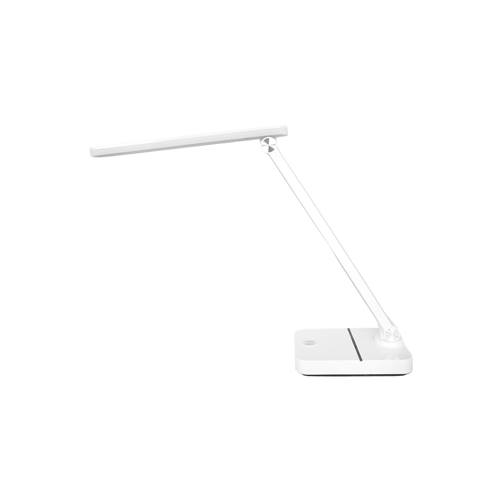 Una lampada da scrivania bianca con base rettangolare e barra luminosa lunga e piatta, su sfondo bianco.