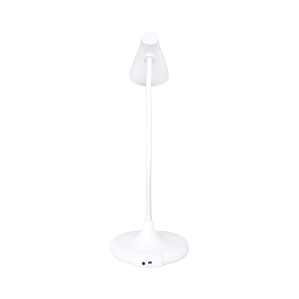 Una lampada da scrivania bianca con collo curvo e base rotonda.