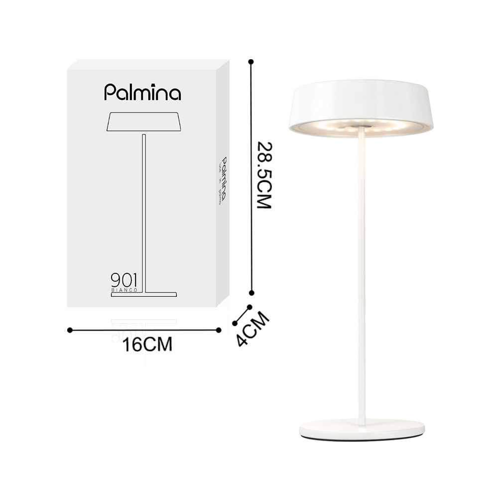 Lampada bianca con stelo bianco e base circolare bianca. Scatola a sinistra. Sfondo bianco.