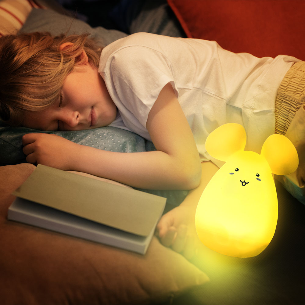 Un bambino dorme vicino a un libro e una luce notturna a forma di topo su un cuscino.