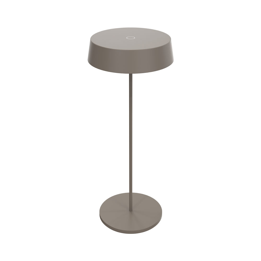 Una lampada da tavolo grigia con base e paralume rotondi, isolata su sfondo bianco.