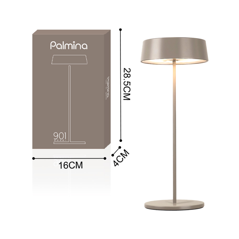 Una lampada da tavolo con una scatola sul lato sinistro, con dimensioni e il marchio.