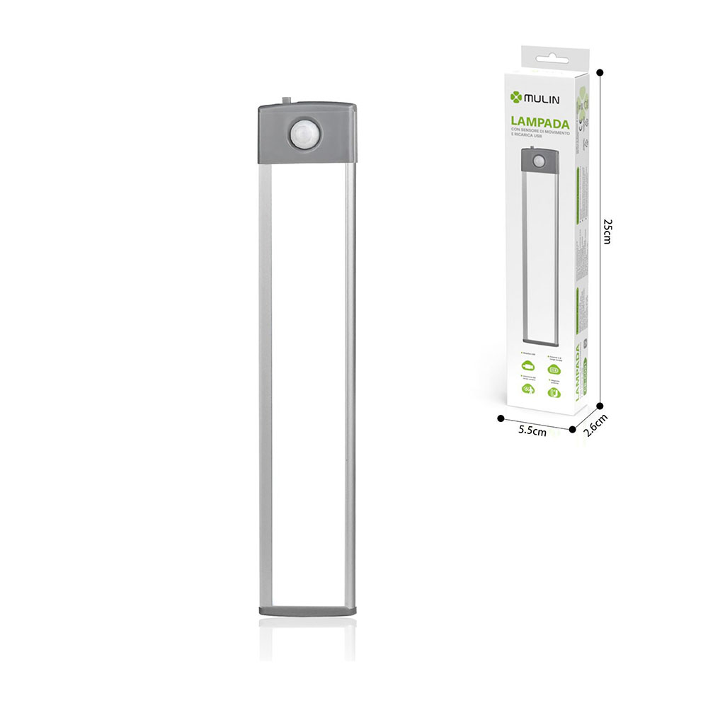 Una lampada a LED rettangolare e la sua confezione. La lampada ha un sensore.
