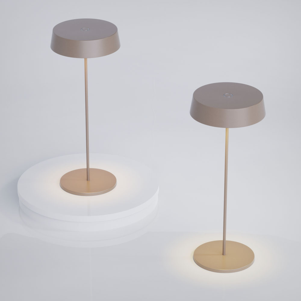 Due moderne lampade da tavolo con base circolare e paralume cilindrico, in un colore neutro.