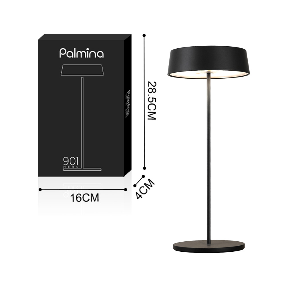 Una scatola nera con un'illustrazione di lampada e dimensioni accanto a una lampada nera alta.