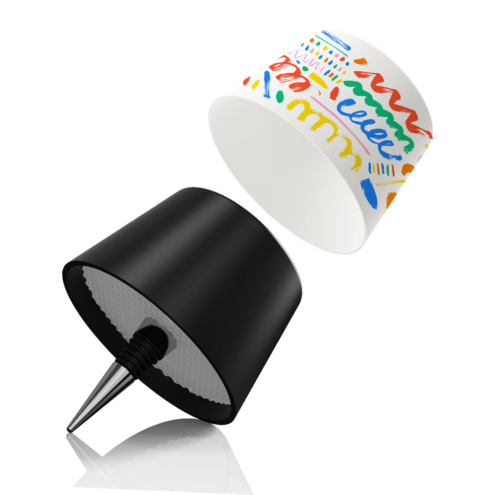Un tappo per bottiglia di vino con un design colorato.