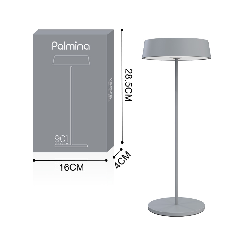 Una lampada grigia con base rotonda e una scatola con le dimensioni.