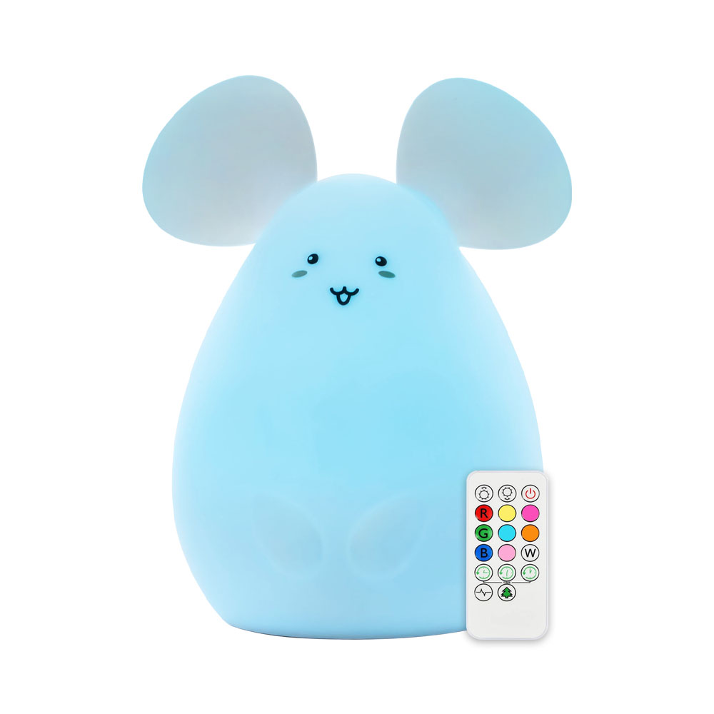 Una lampada a forma di topo blu con telecomando.