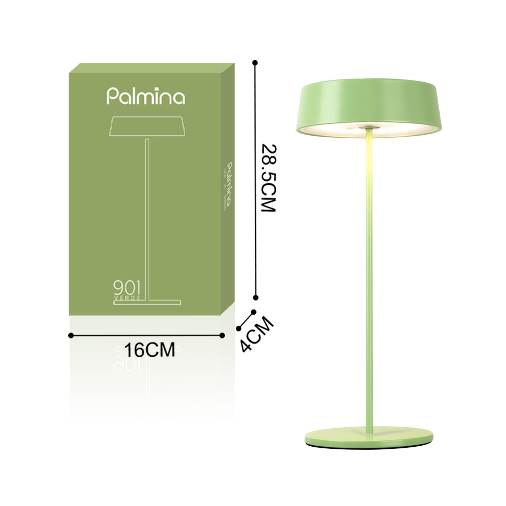 Una lampada verde e la sua scatola con dimensioni. La lampada è alta con base rotonda.