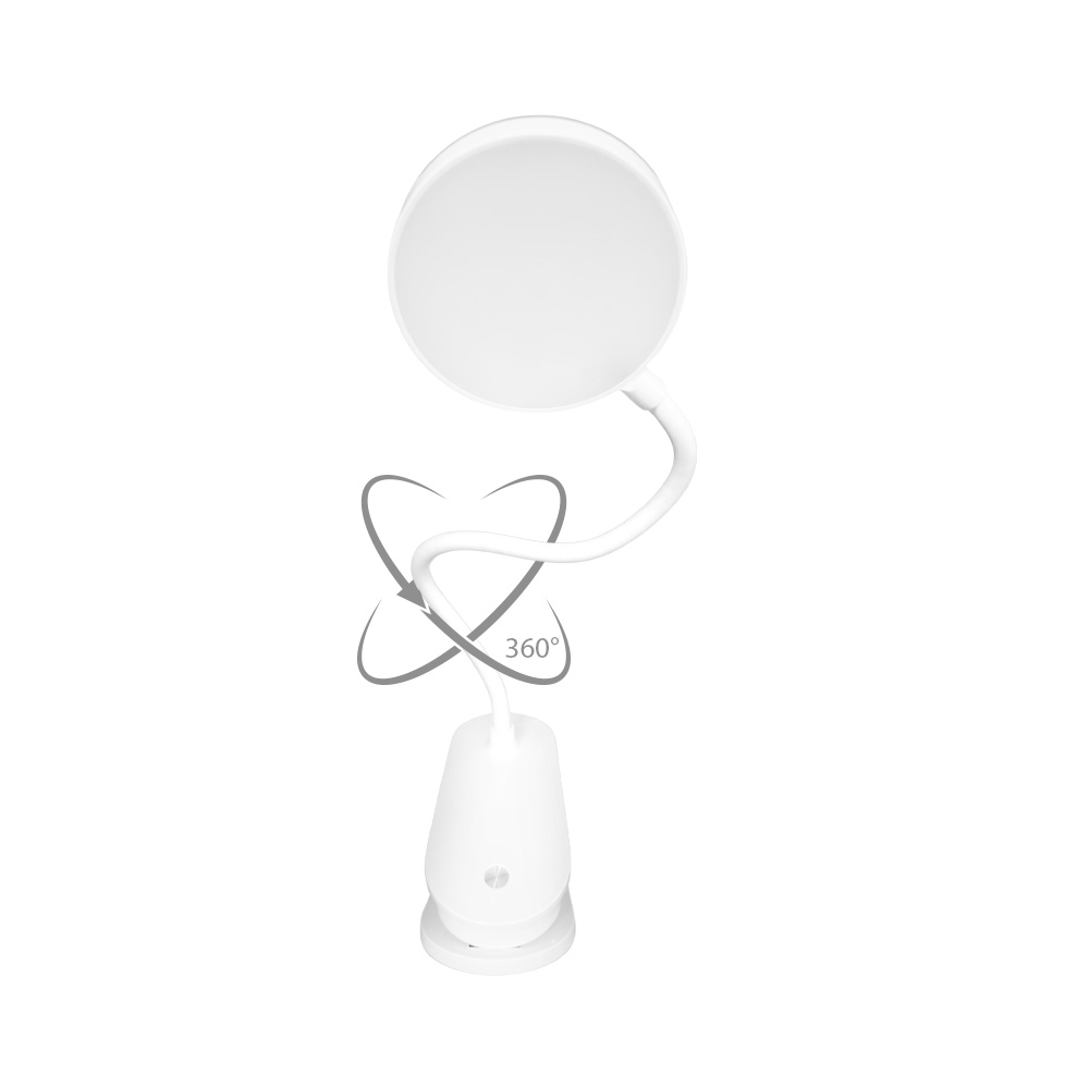 Una lampada da scrivania bianca con collo flessibile e clip. Ruota di 360 gradi.