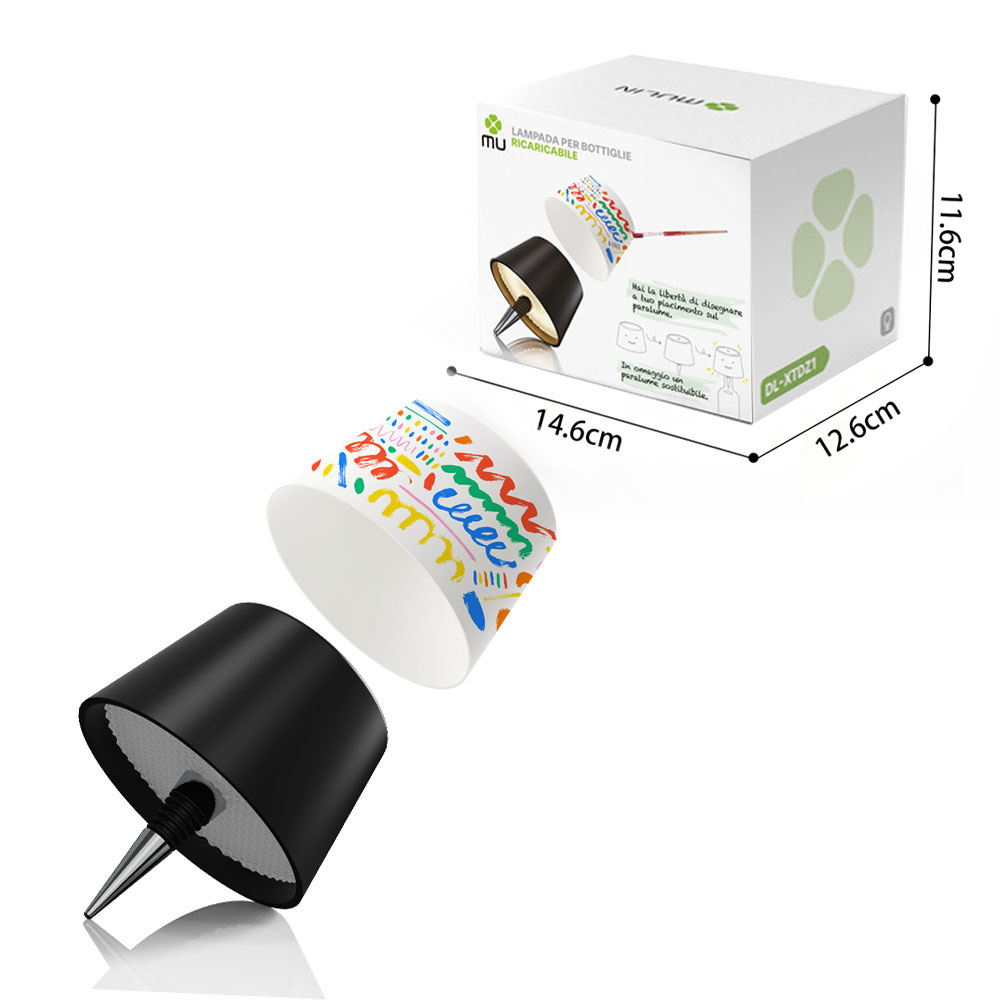 Parti di lampada: cono nero, paralume interno colorato, scatola bianca con dimensioni.
