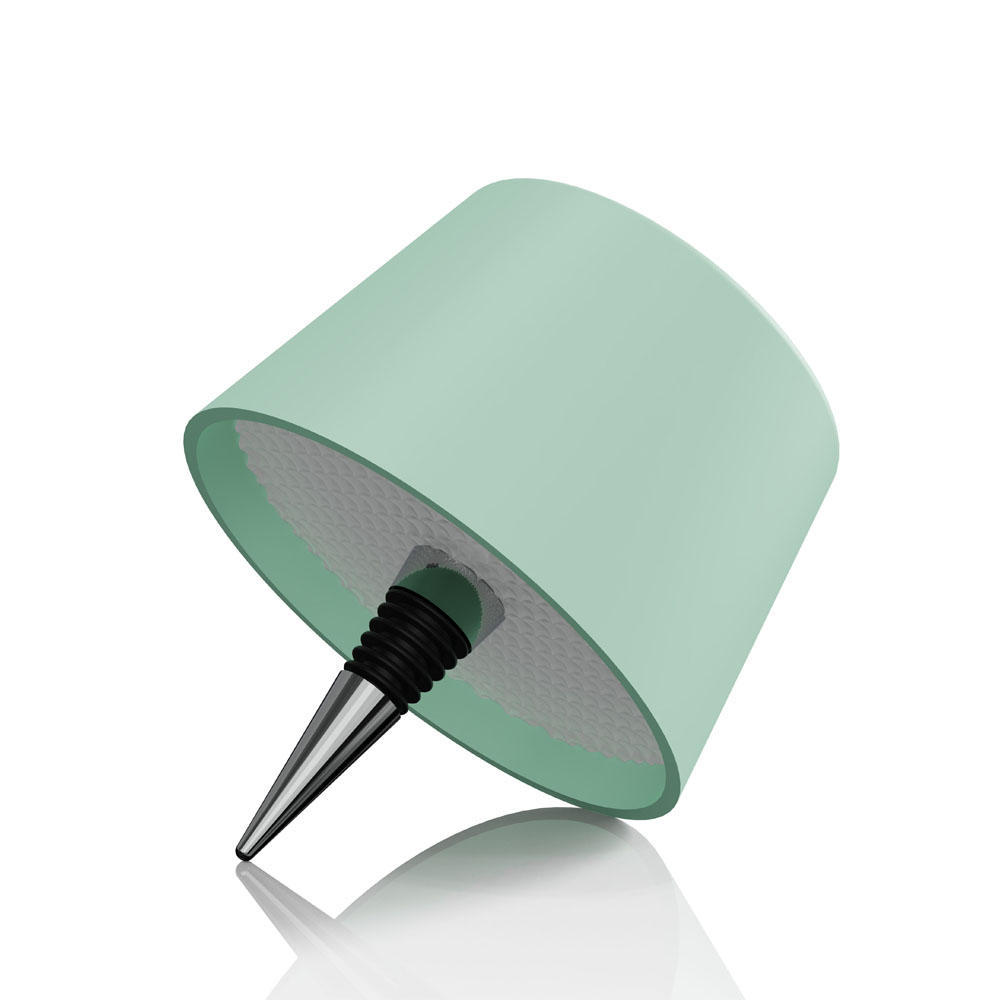 Una lampada a tappo per vino verde menta con tappo nero e punta metallica lucida.