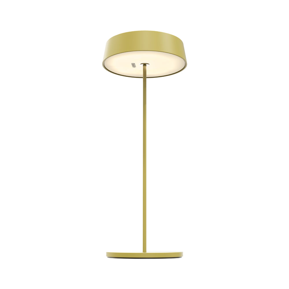 Una lampada gialla con base verde e sfondo bianco, vista frontalmente.