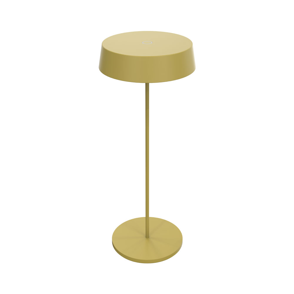 Una lampada gialla con base e paralume rotondi. È su sfondo bianco.