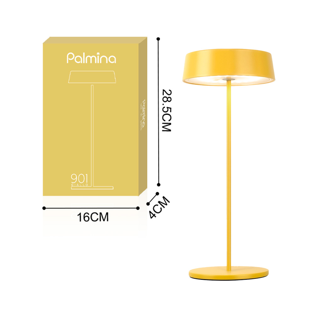 Una lampada gialla con una scatola che mostra le dimensioni, su sfondo bianco.