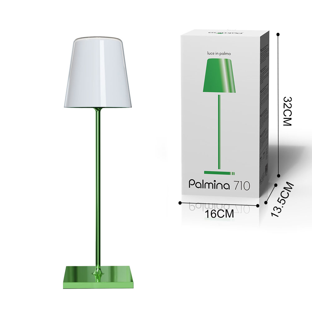 Una lampada verde con paralume bianco e scatola accanto con dimensioni.