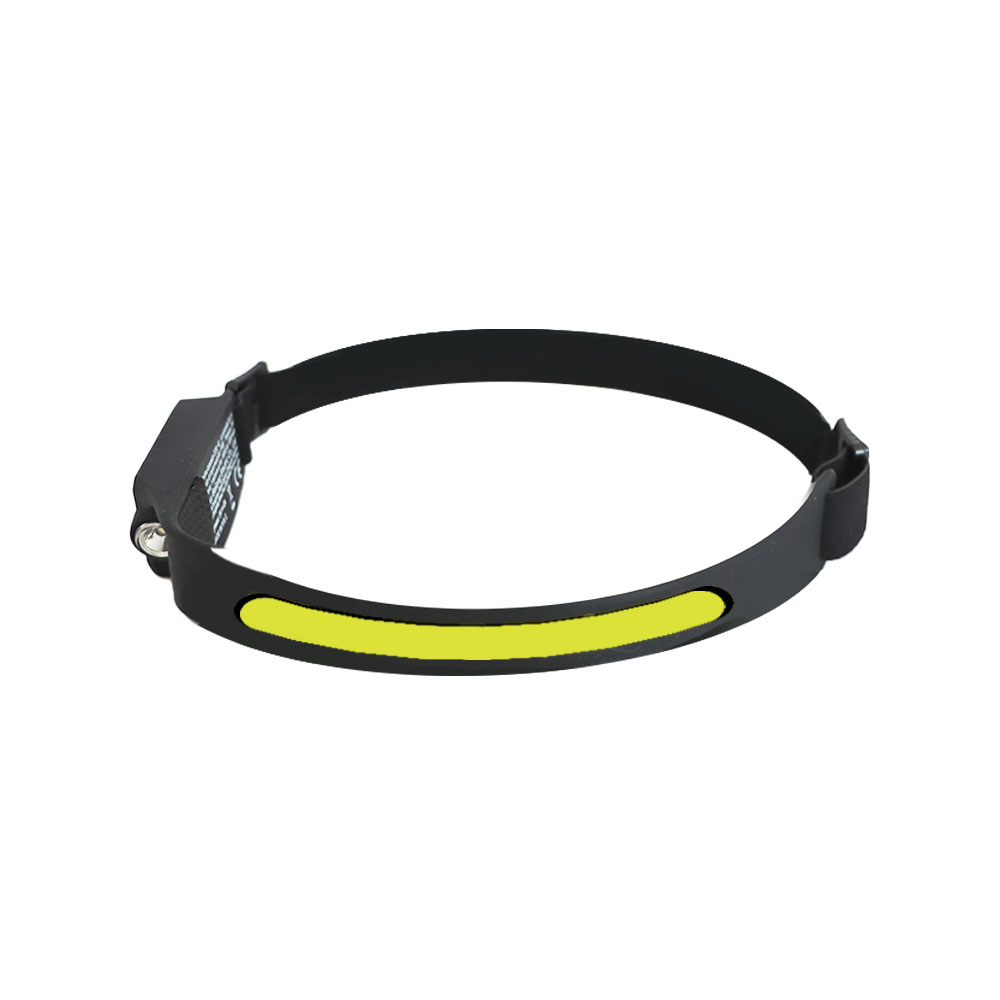 Una lampada frontale nera con barra luminosa gialla su sfondo bianco.