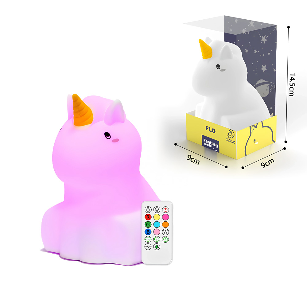 Una lampada a forma di unicorno rosa e la confezione con le dimensioni, un telecomando.