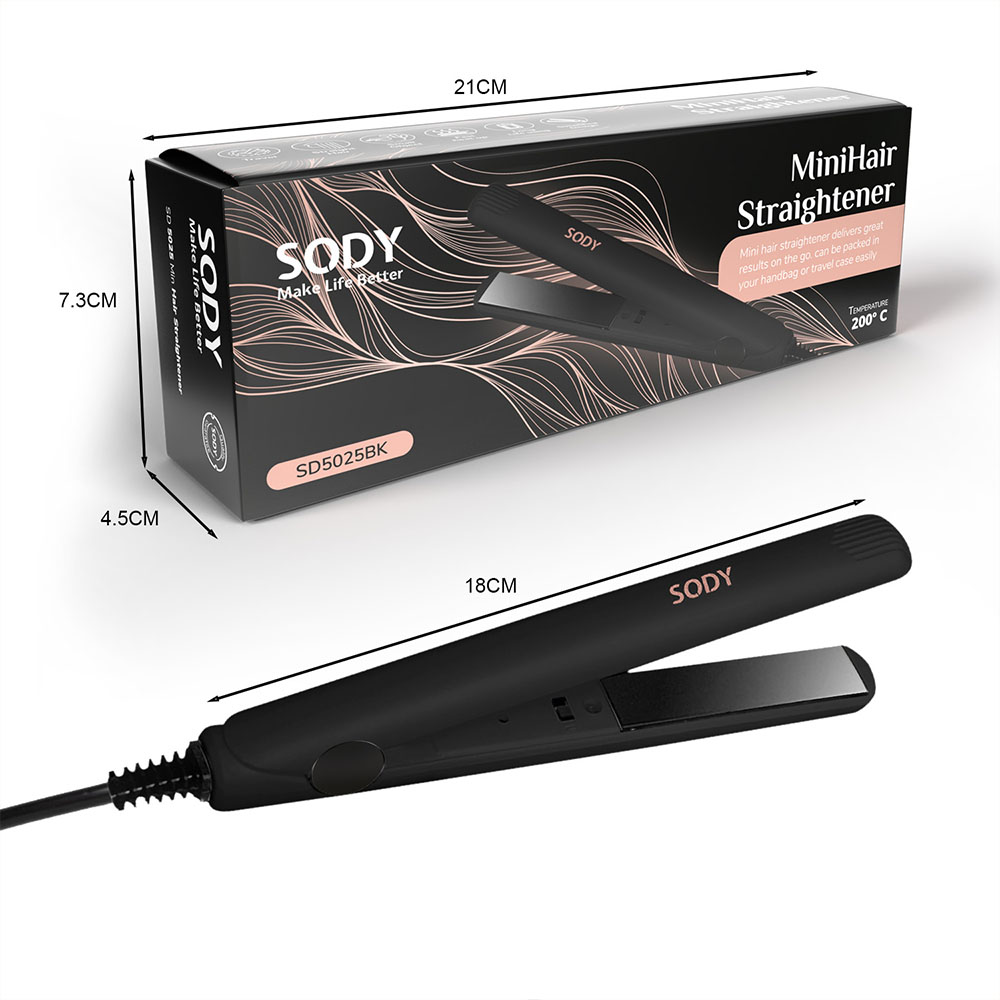 Una piastra per capelli e la sua scatola. La scatola mostra la piastra e il marchio SODY.