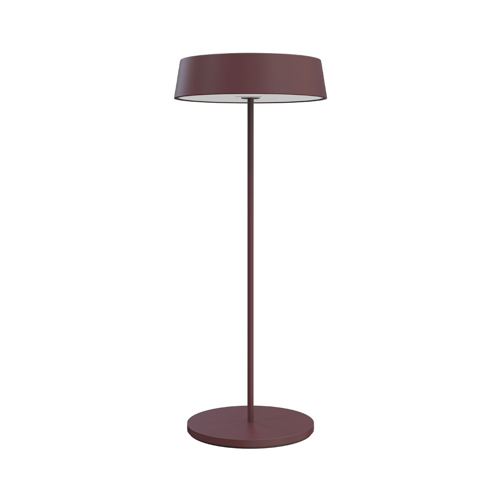 Una lampada marrone su sfondo bianco. La base e il paralume sono circolari.