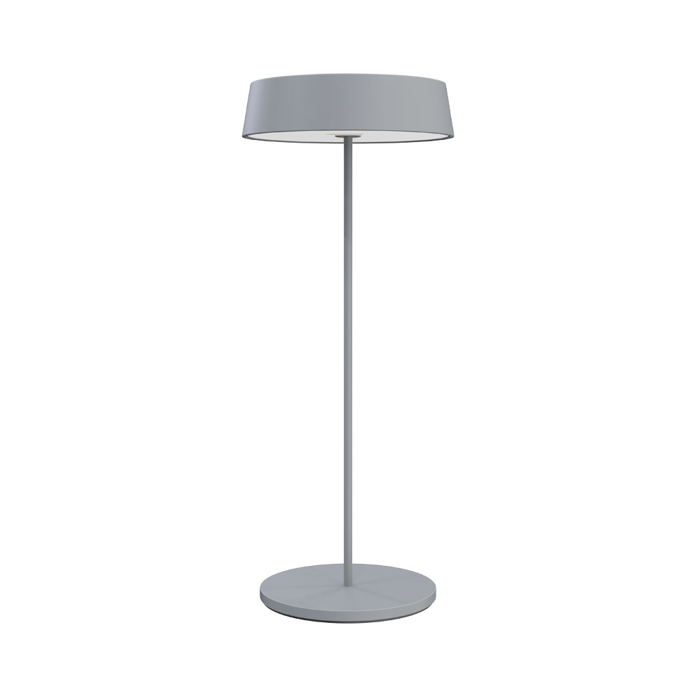 Una lampada grigia su sfondo bianco. La base e il paralume sono circolari.