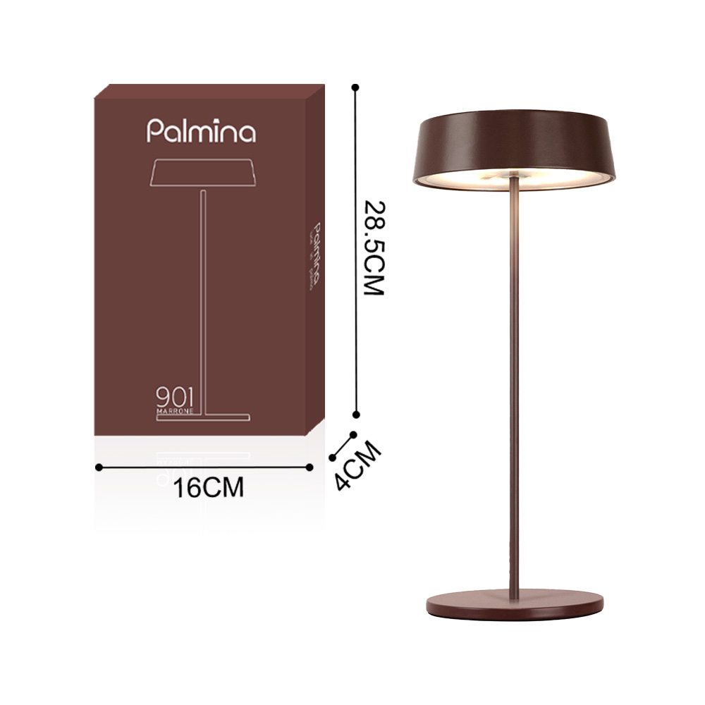 Una lampada e scatola con dimensioni. La lampada è alta, con paralume marrone scuro. La scatola è marrone.