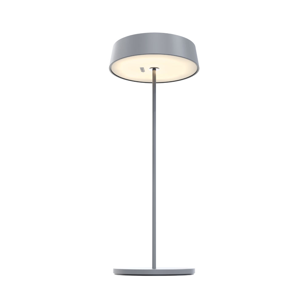 Una lampada alta e grigia con base e paralume circolari, su sfondo bianco.