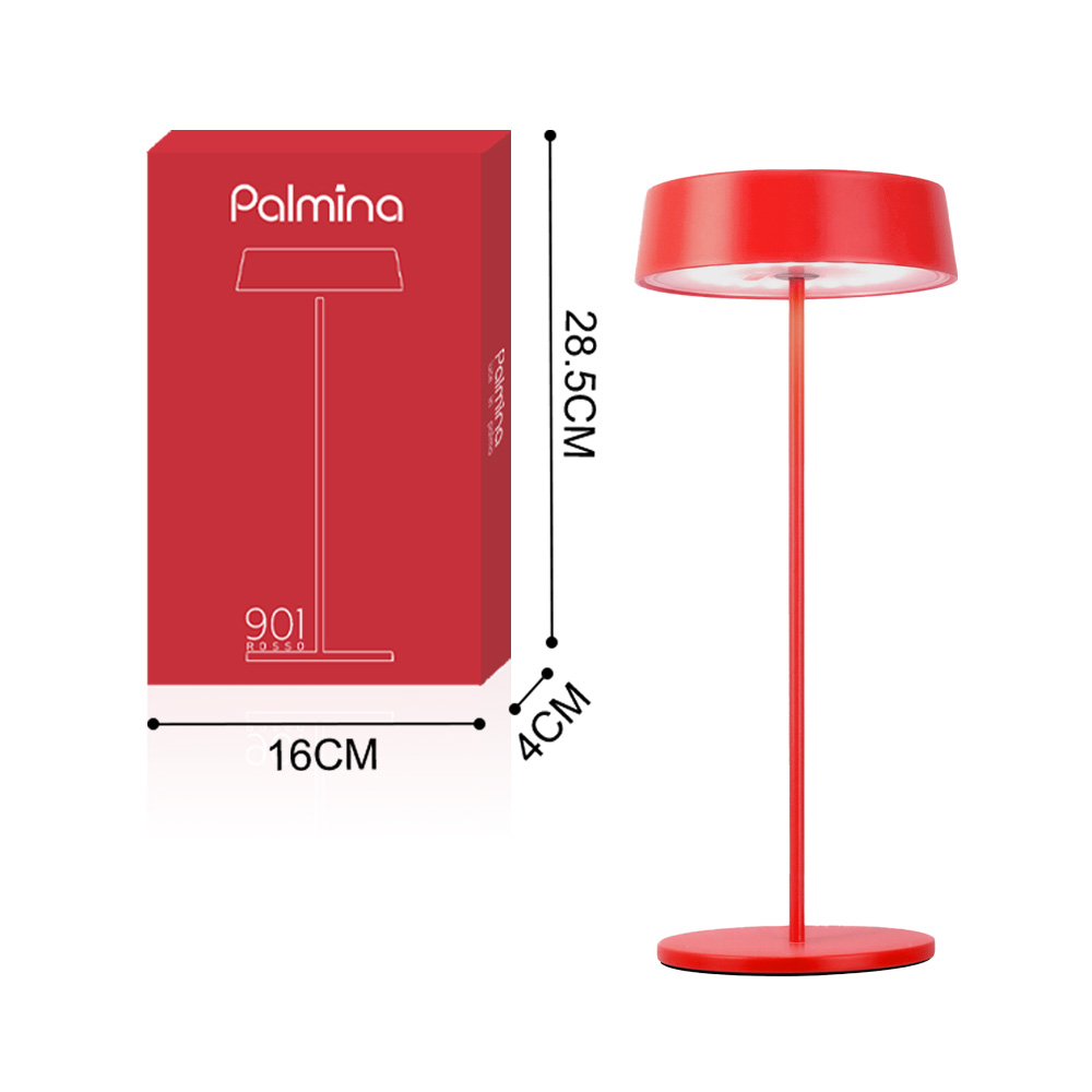 Lampada e scatola rosse con dimensioni. La lampada ha base, palo e paralume rossi.