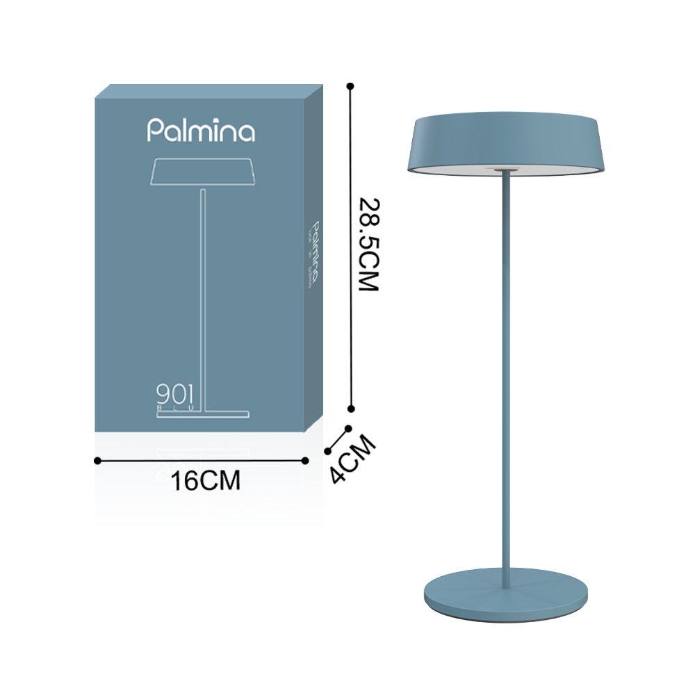 Una lampada da terra blu su sfondo bianco. Viene mostrata anche la confezione con le dimensioni.