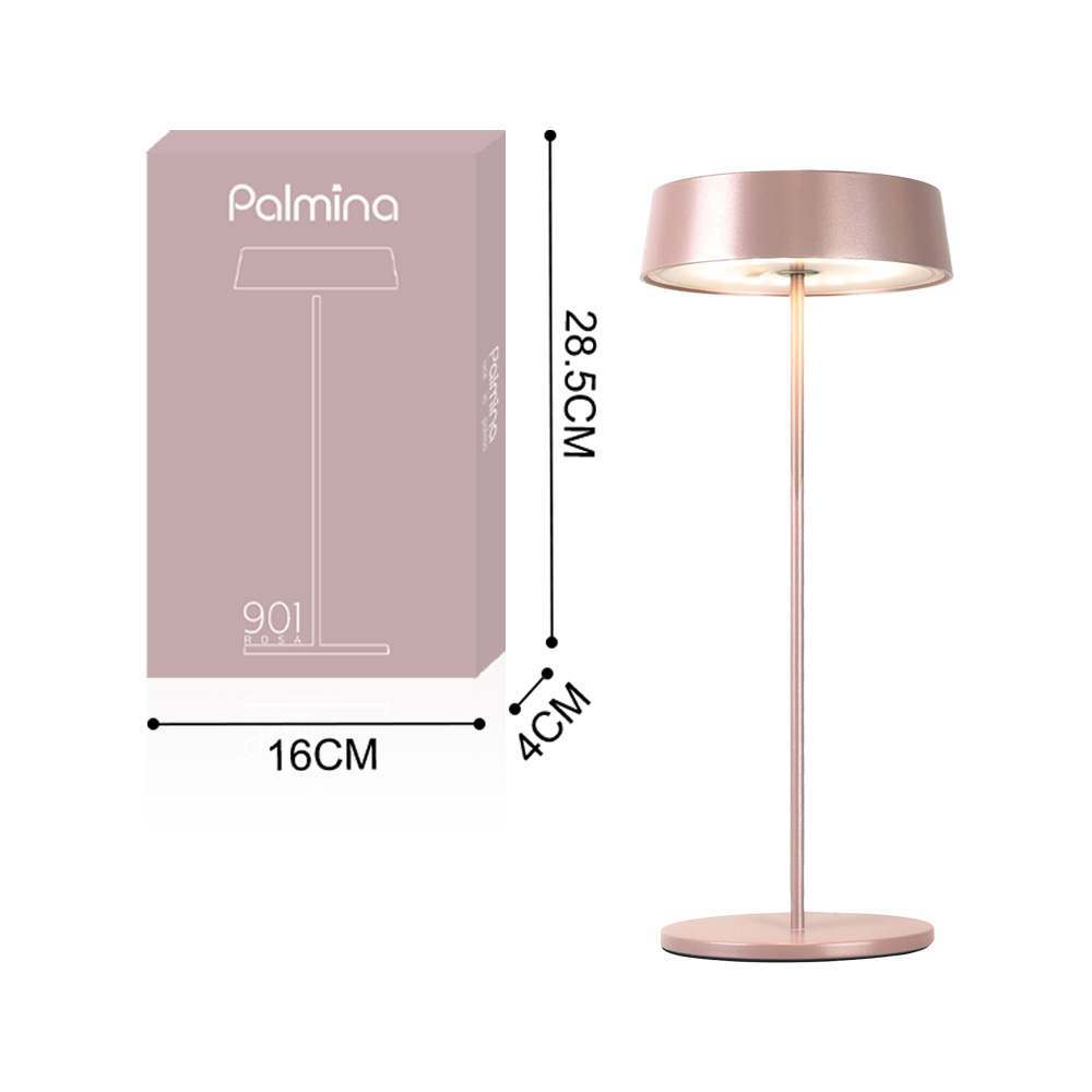 Una lampada rosa con stelo sottile, base e paralume rotondi, accanto a una scatola con un diagramma e dimensioni.